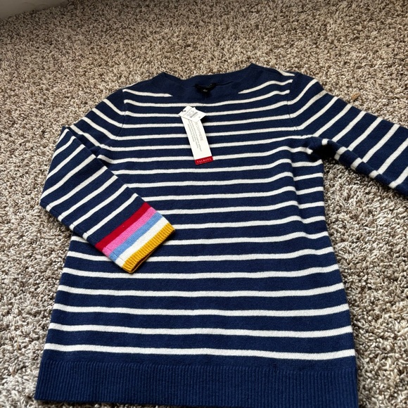 Nwt Talbots Navy Striped Sweater with Colorful Cuffs 100 cashmere  marinier - Picture 2 of 8